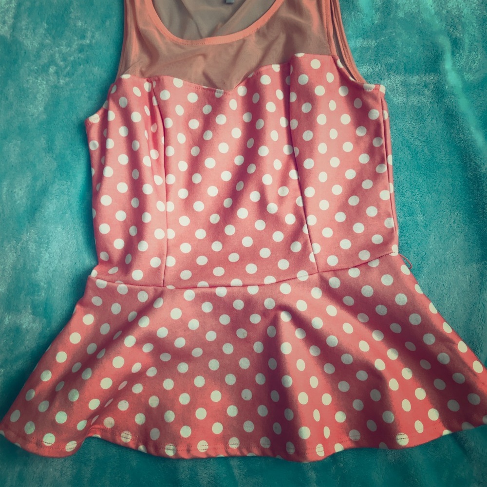 Pink polka dot peplum blouse